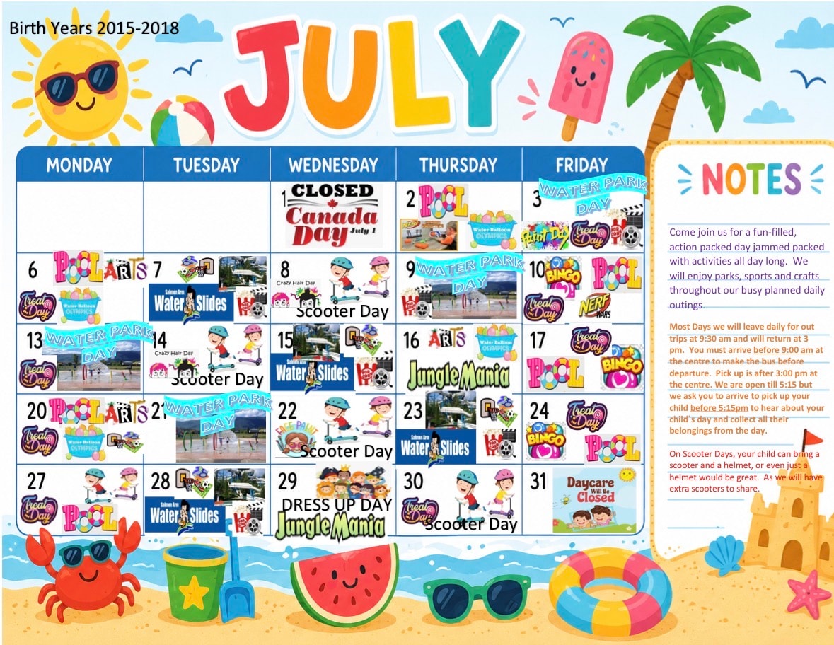 July activity calendar for Grade 2 and up campers at Discovery Kids Club