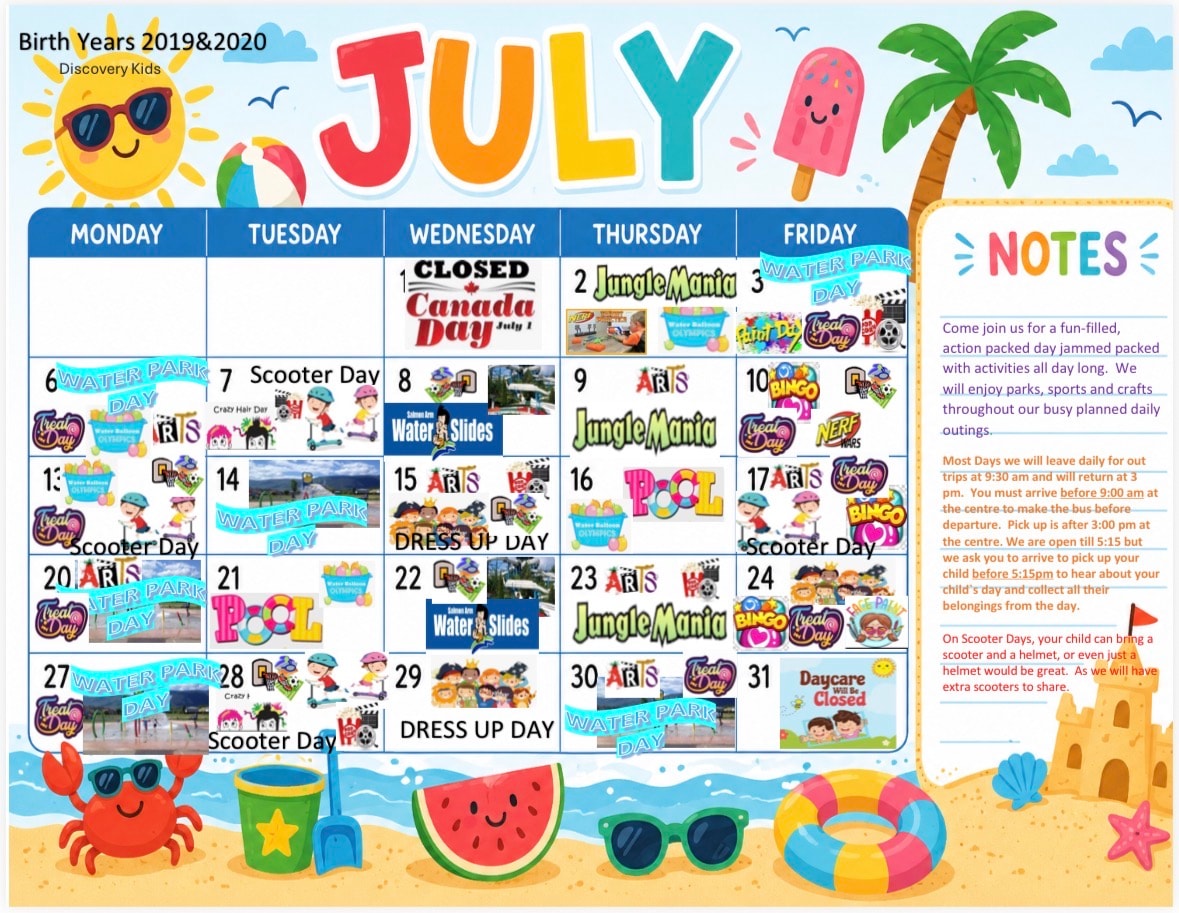 July activity calendar for Kindergarten and Grade 1 campers at Discovery Kids Club